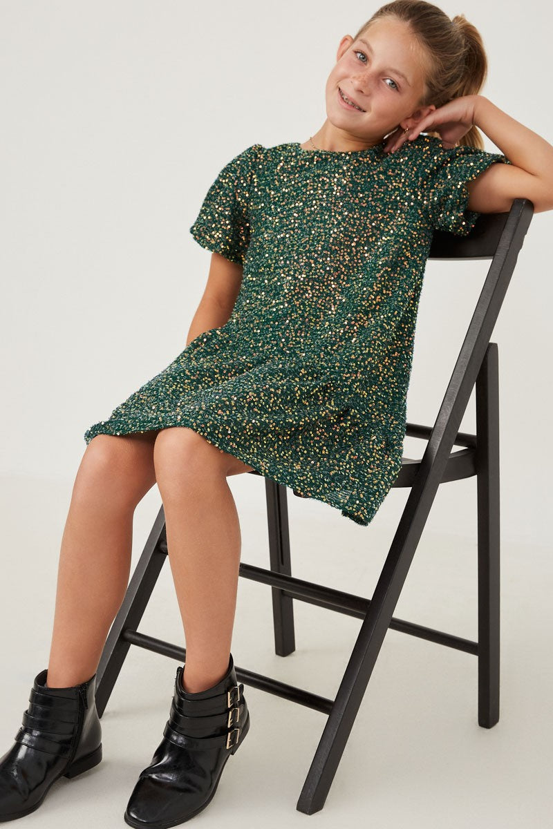 Hayden Girls - Sequined Asymmetric Hem Puff Sleeve Dress - Green *FINAL SALE*