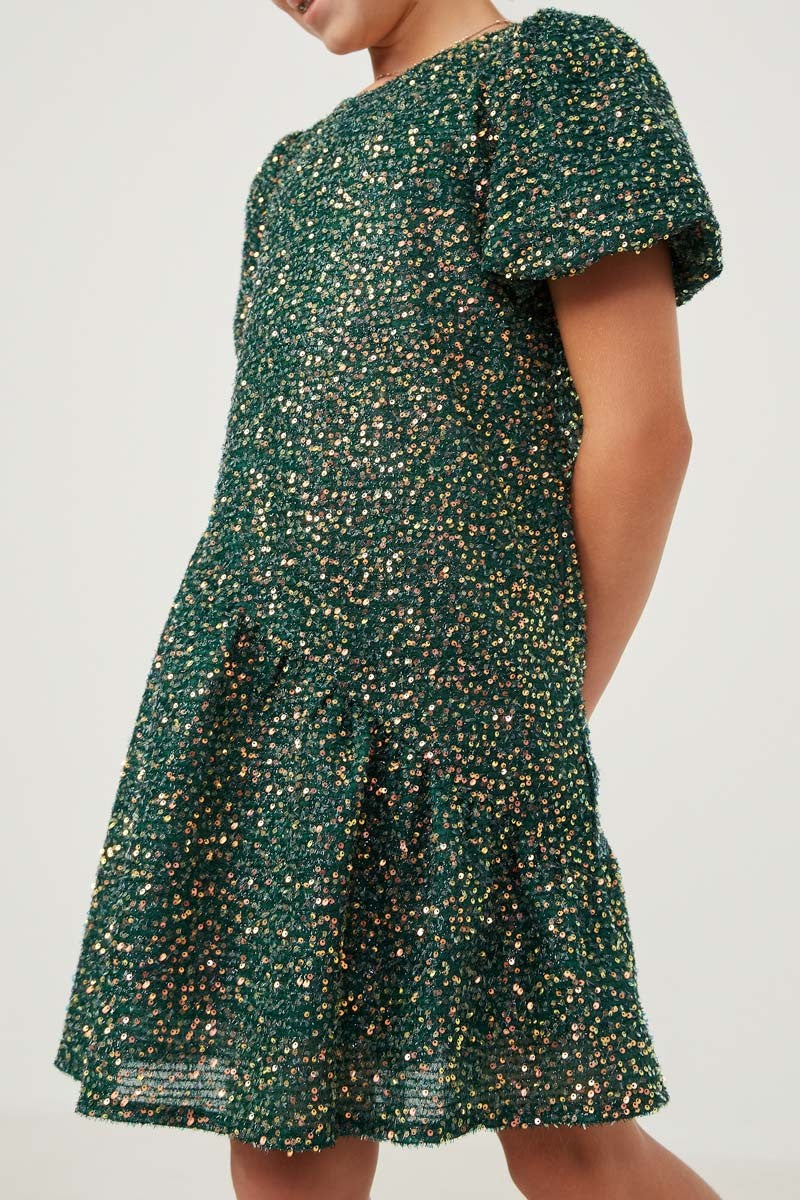Hayden Girls - Sequined Asymmetric Hem Puff Sleeve Dress - Green *FINAL SALE*