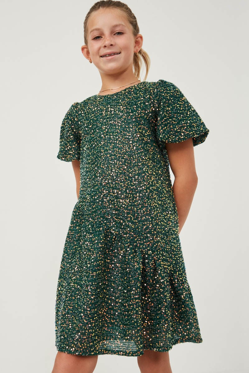 Hayden Girls - Sequined Asymmetric Hem Puff Sleeve Dress - Green *FINAL SALE*