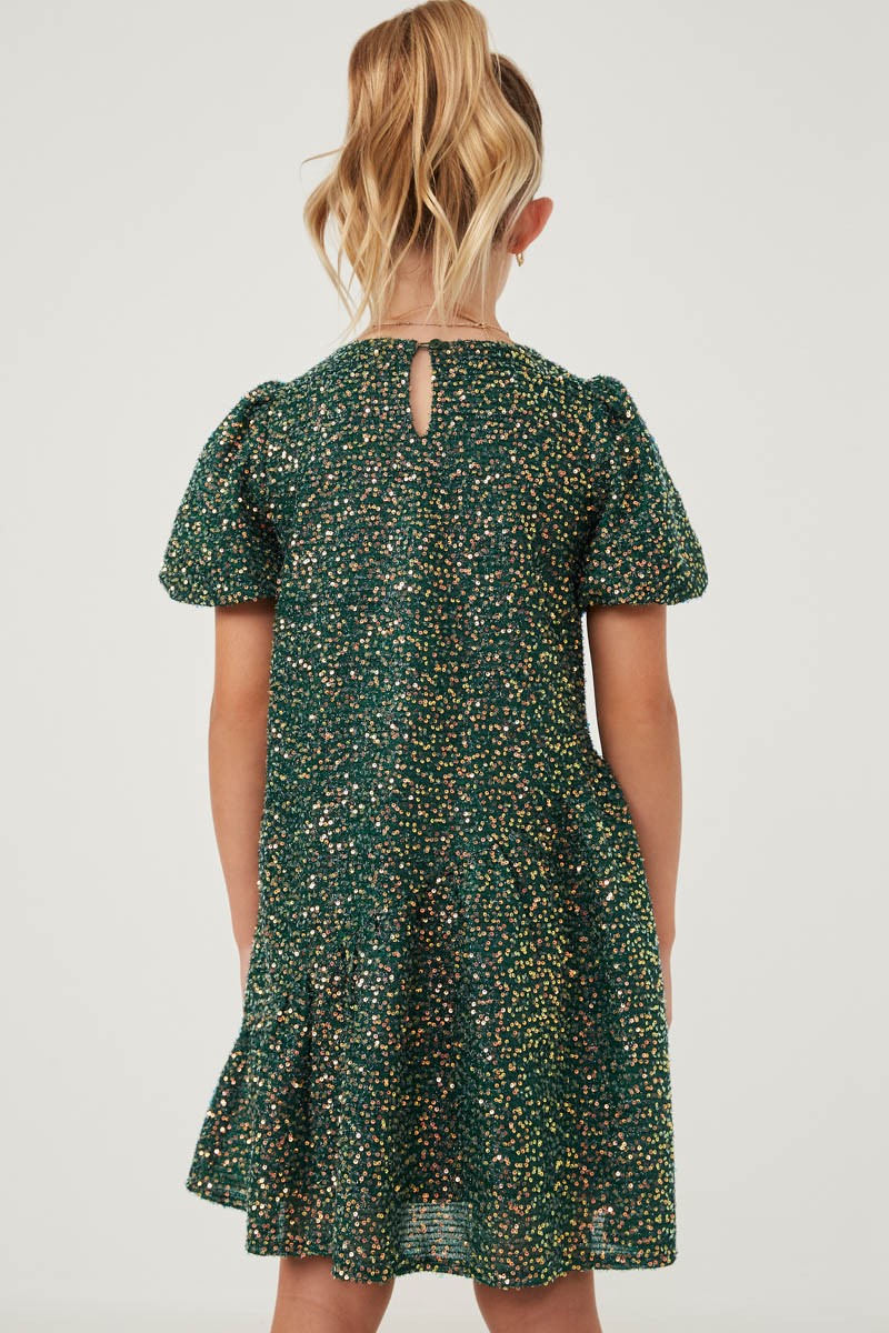 Hayden Girls - Sequined Asymmetric Hem Puff Sleeve Dress - Green *FINAL SALE*