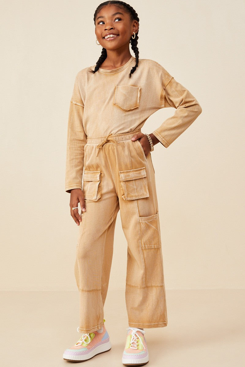 Hayden Girls - Washed Cargo Pocket Wide Leg Knit Pant - Taupe