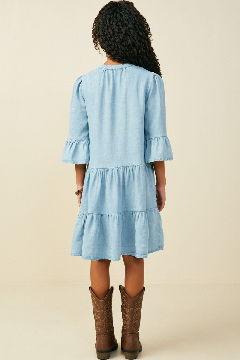 Hayden Girls - Washed Button Detail Ruffle Sleeve Dress - Light Denim