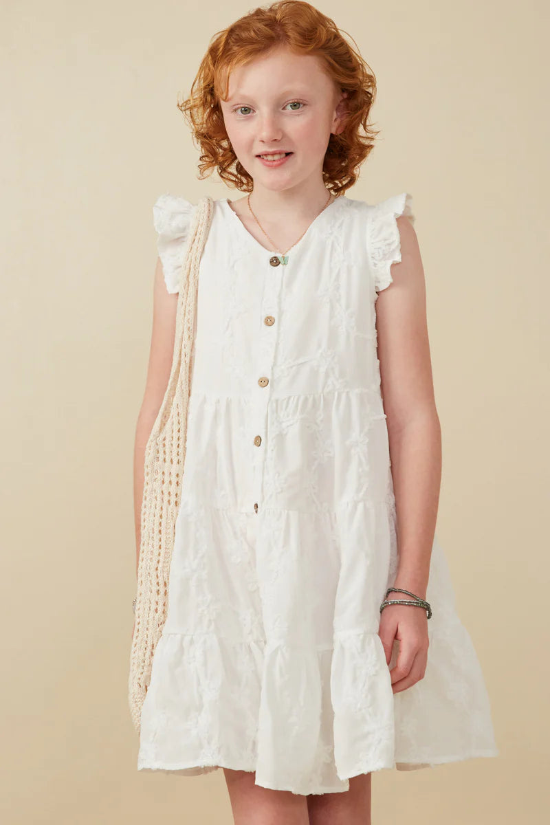 Hayden Girls - Textured Floral Button Tiered Dress - Off White *FINAL SALE*