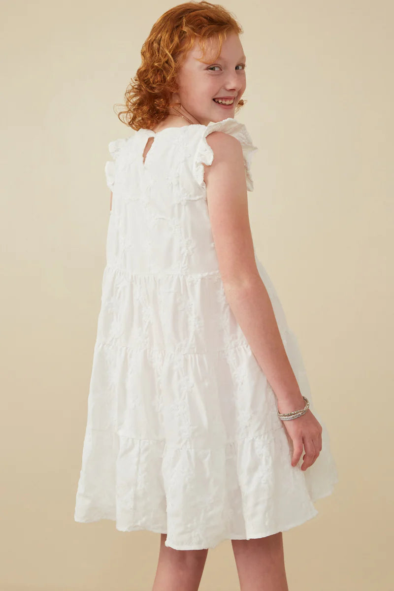 Hayden Girls - Textured Floral Button Tiered Dress - Off White *FINAL SALE*