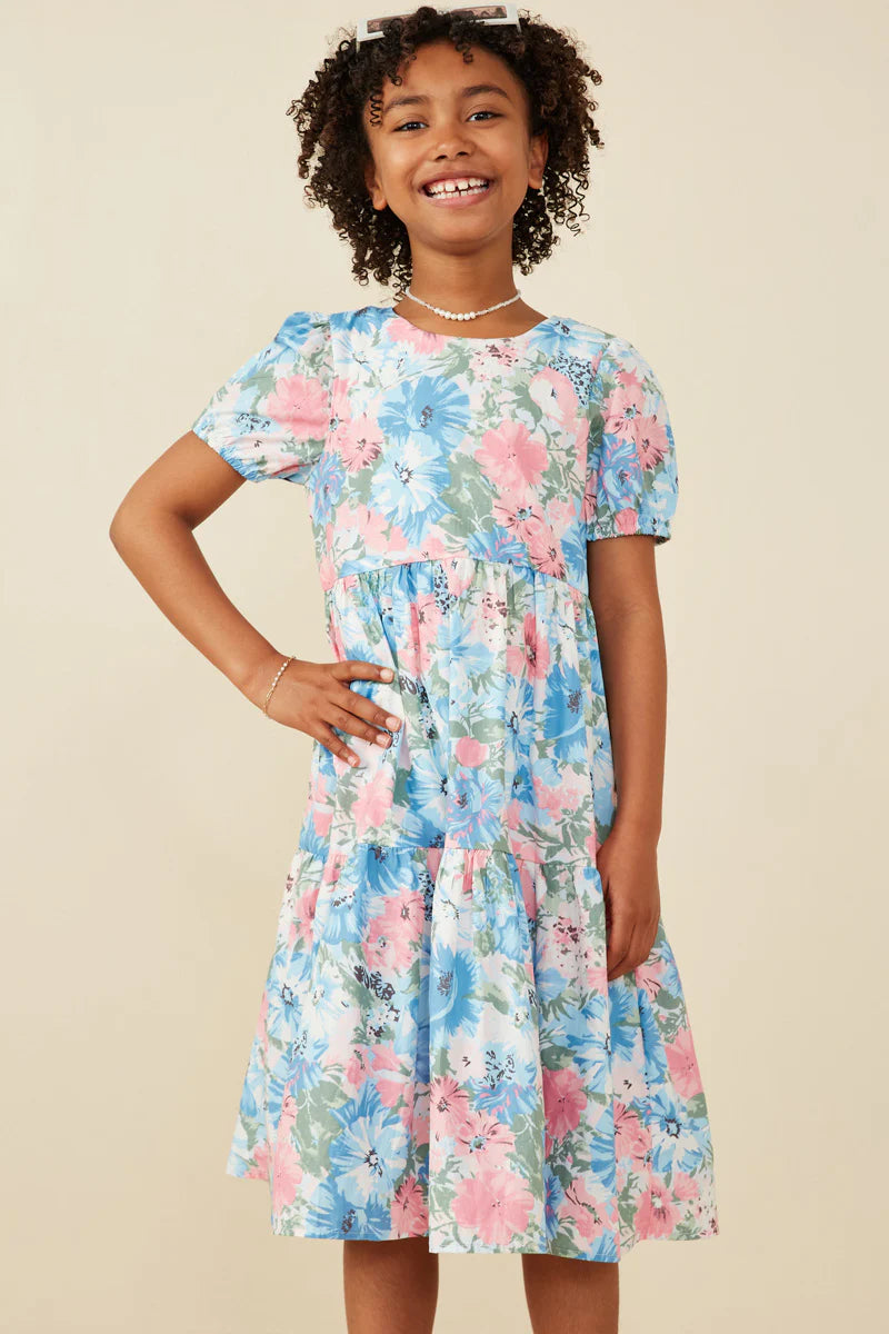 Hayden Girls - Tropical Floral Short Sleeve Tiered Dress - Blue Mix