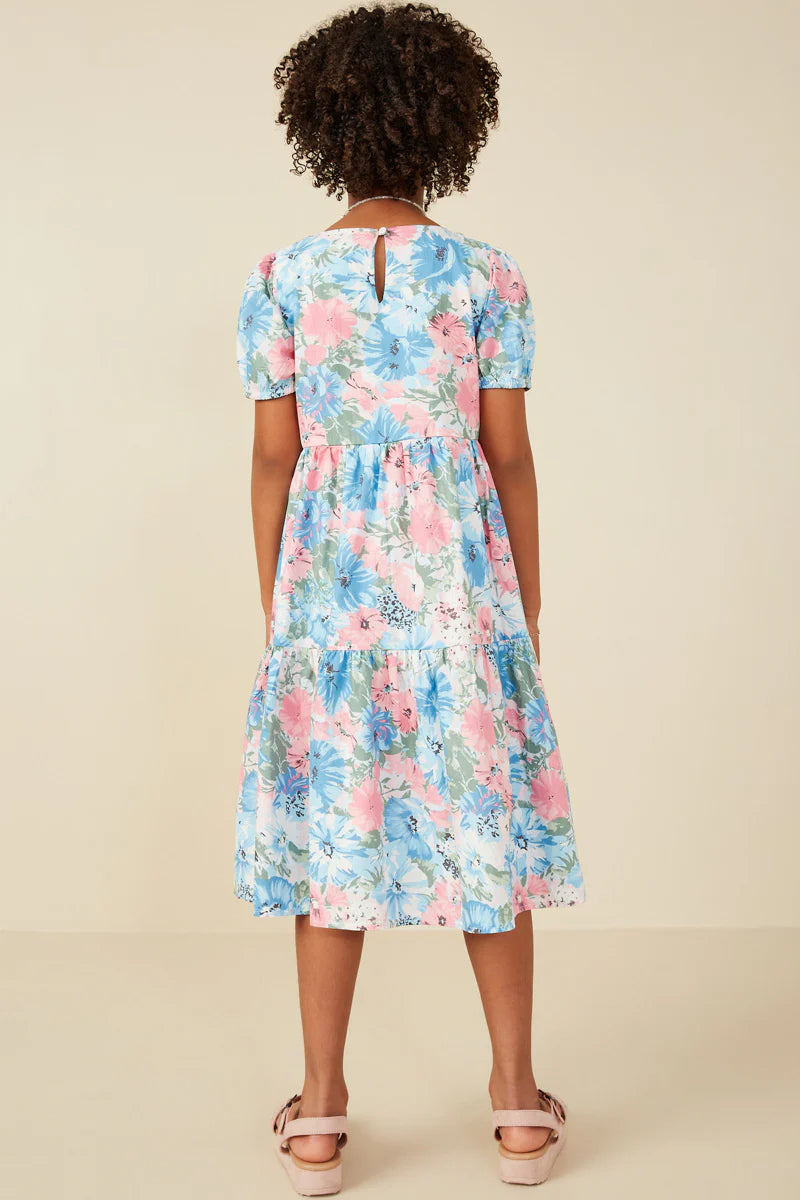 Hayden Girls - Tropical Floral Short Sleeve Tiered Dress - Blue Mix