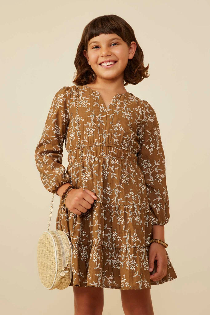 Hayden Girls - Notch Detail Long Sleeve Floral Embroidered Dress
