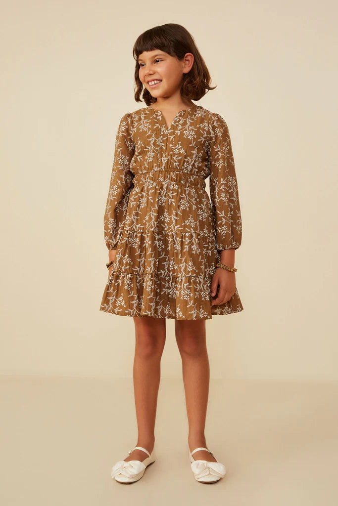 Hayden Girls - Notch Detail Long Sleeve Floral Embroidered Dress