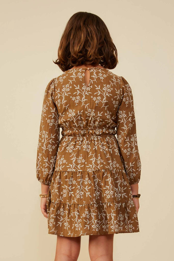 Hayden Girls - Notch Detail Long Sleeve Floral Embroidered Dress