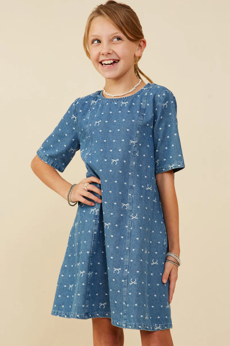 Hayden Girls - Polka Dot and Bow Print Denim Dress