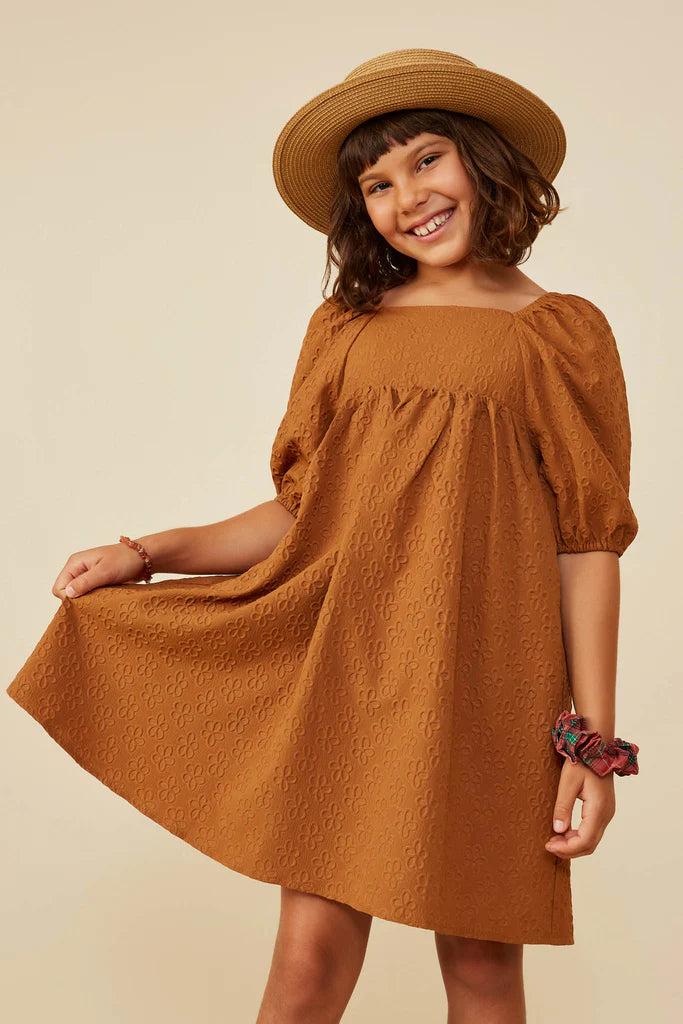 Hayden Girls - Embossed Floral Square Neck Dress - Camel