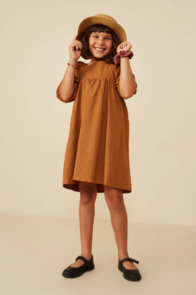 Hayden Girls - Embossed Floral Square Neck Dress - Camel