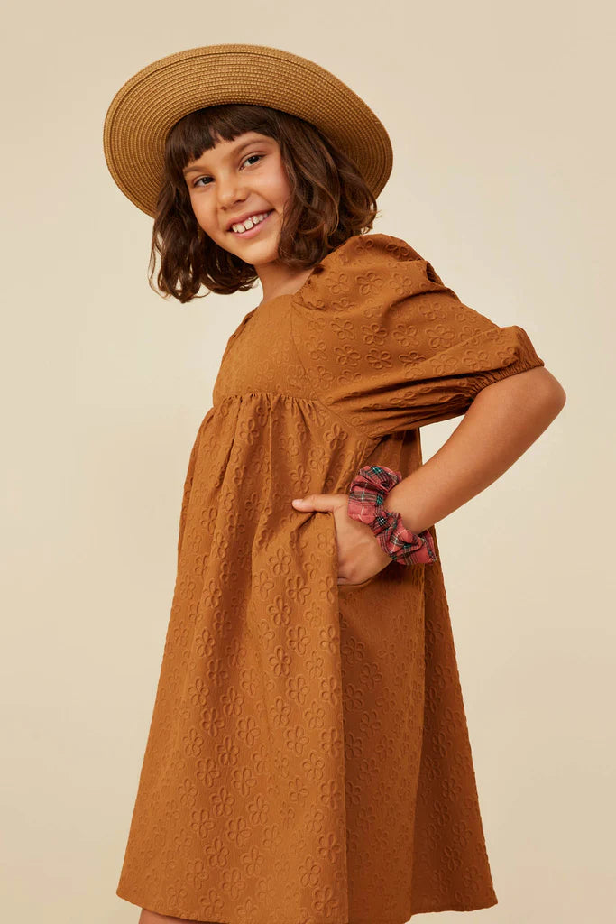 Hayden Girls - Embossed Floral Square Neck Dress - Camel