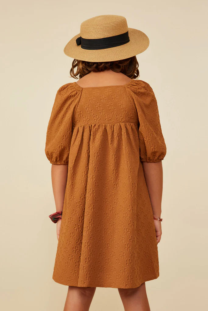 Hayden Girls - Embossed Floral Square Neck Dress - Camel