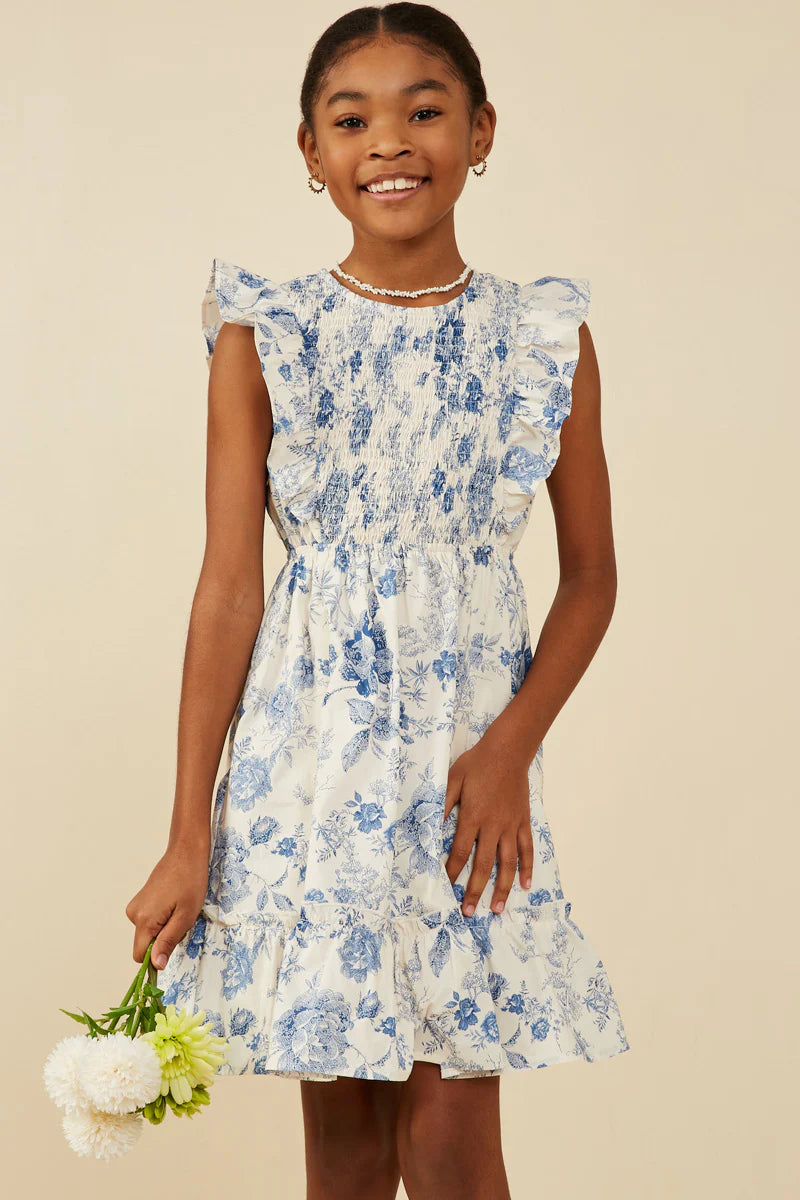 Hayden Girls - Antique Floral Smock and Ruffle Dress - Blue