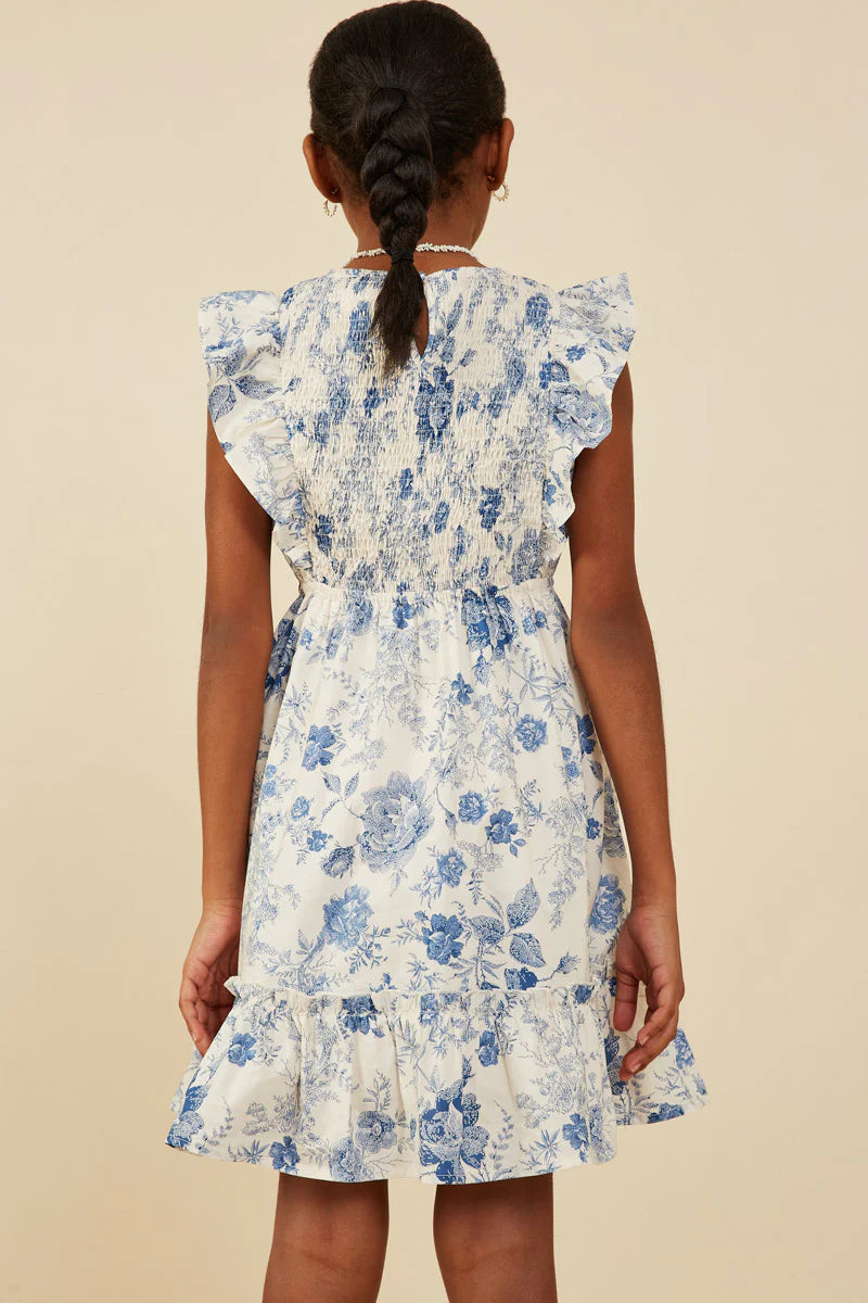 Hayden Girls - Antique Floral Smock and Ruffle Dress - Blue