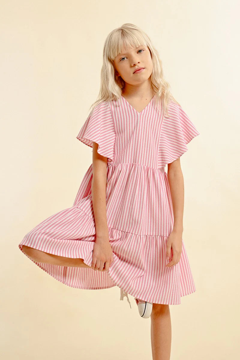 Molly Bracken - Girls Pinstriped Babydoll Dress - Pink