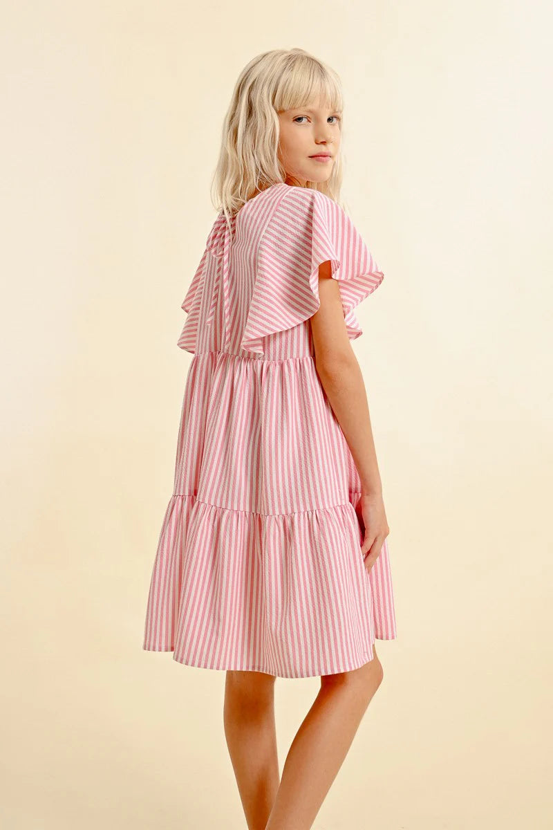 Molly Bracken - Girls Pinstriped Babydoll Dress - Pink