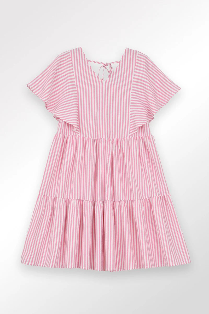 Molly Bracken - Girls Pinstriped Babydoll Dress - Pink