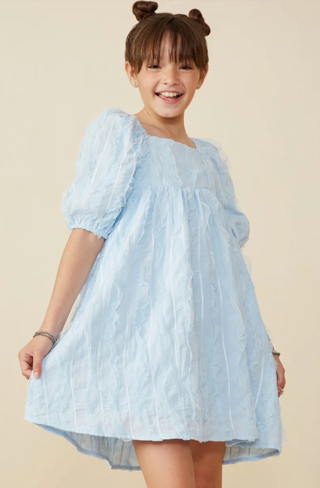 Hayden Girls - Ruffled Mesh Square Neck Dress -Blue *FINAL SALE*