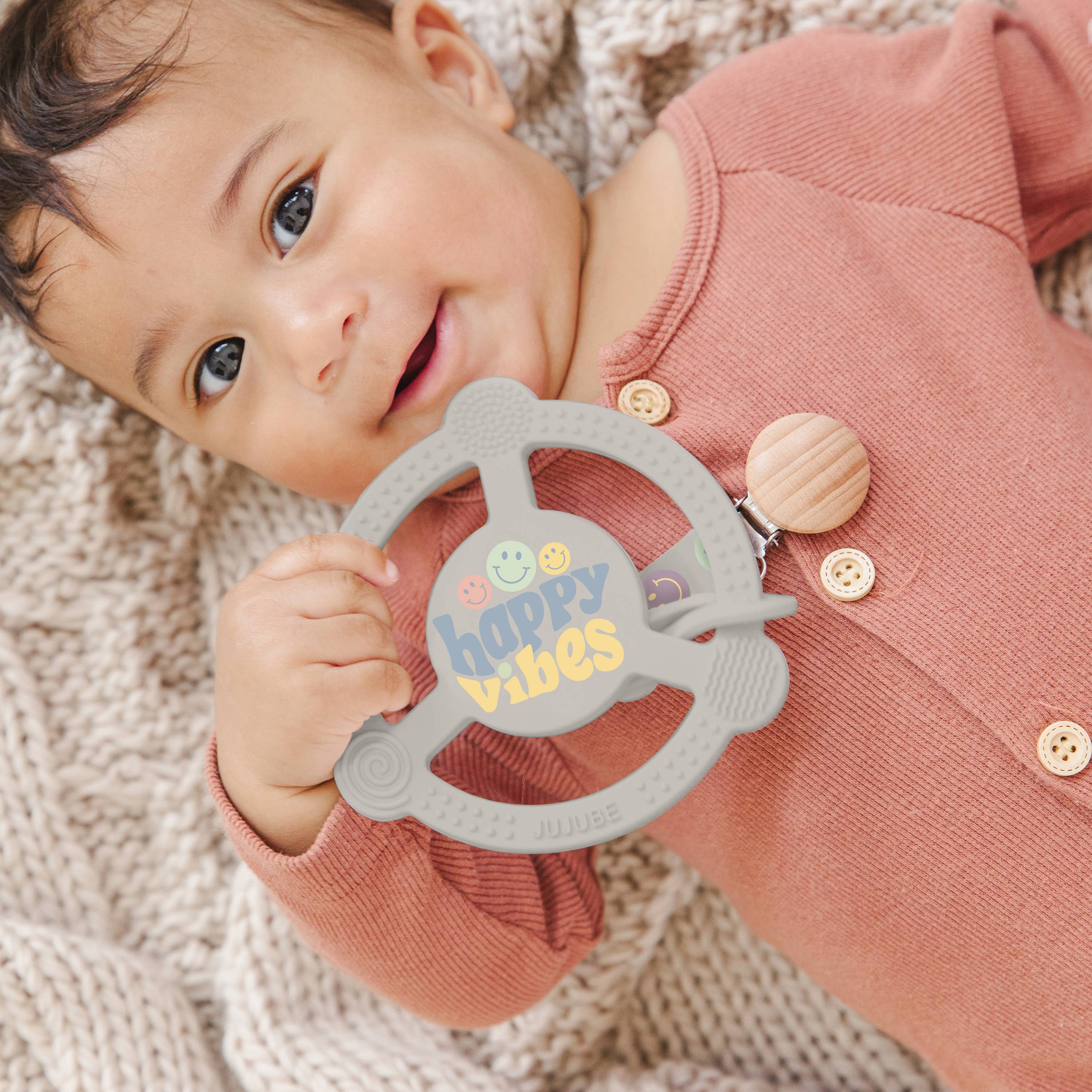 JuJuBe - Silicone Teether Ring with Detachable Clip Happy Baby Vibes