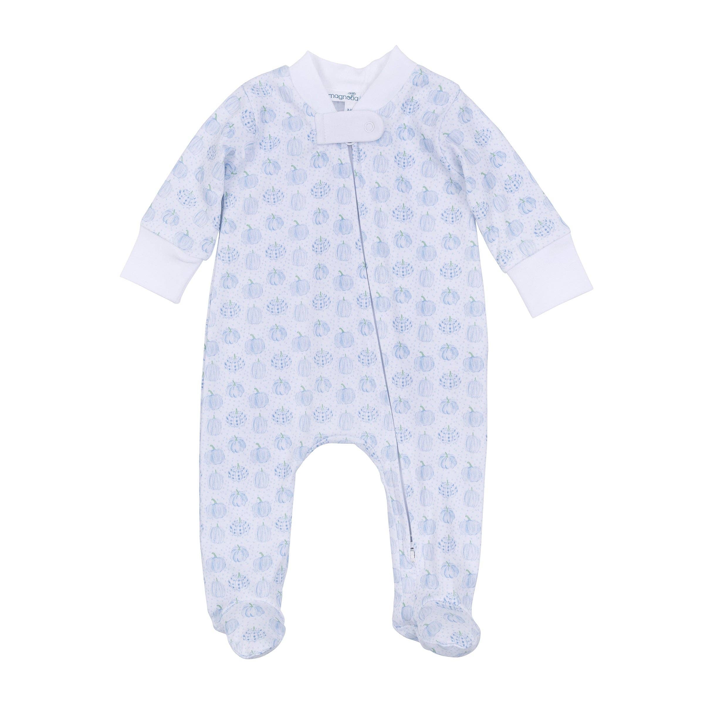 Magnolia Baby - Precious Pumpkins Print Zip Footie - Light Blue