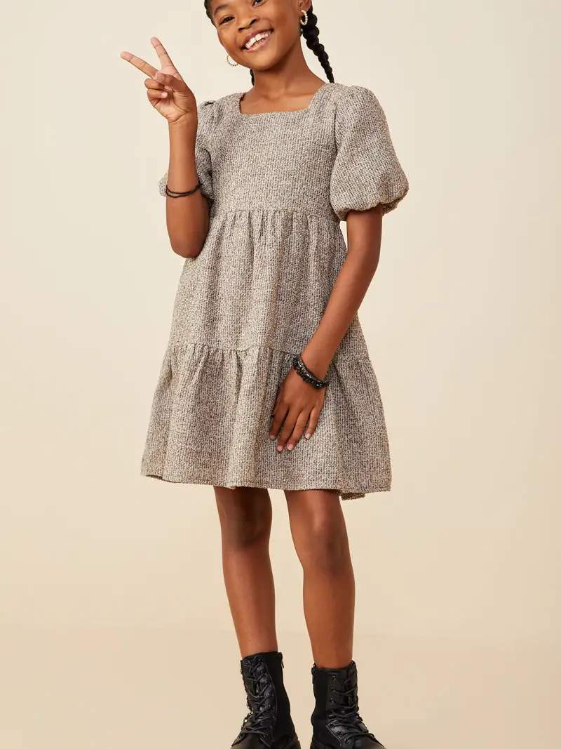 Hayden Girls - Square Neck Textured Knit Bubble Sleeve Dress - Mocha