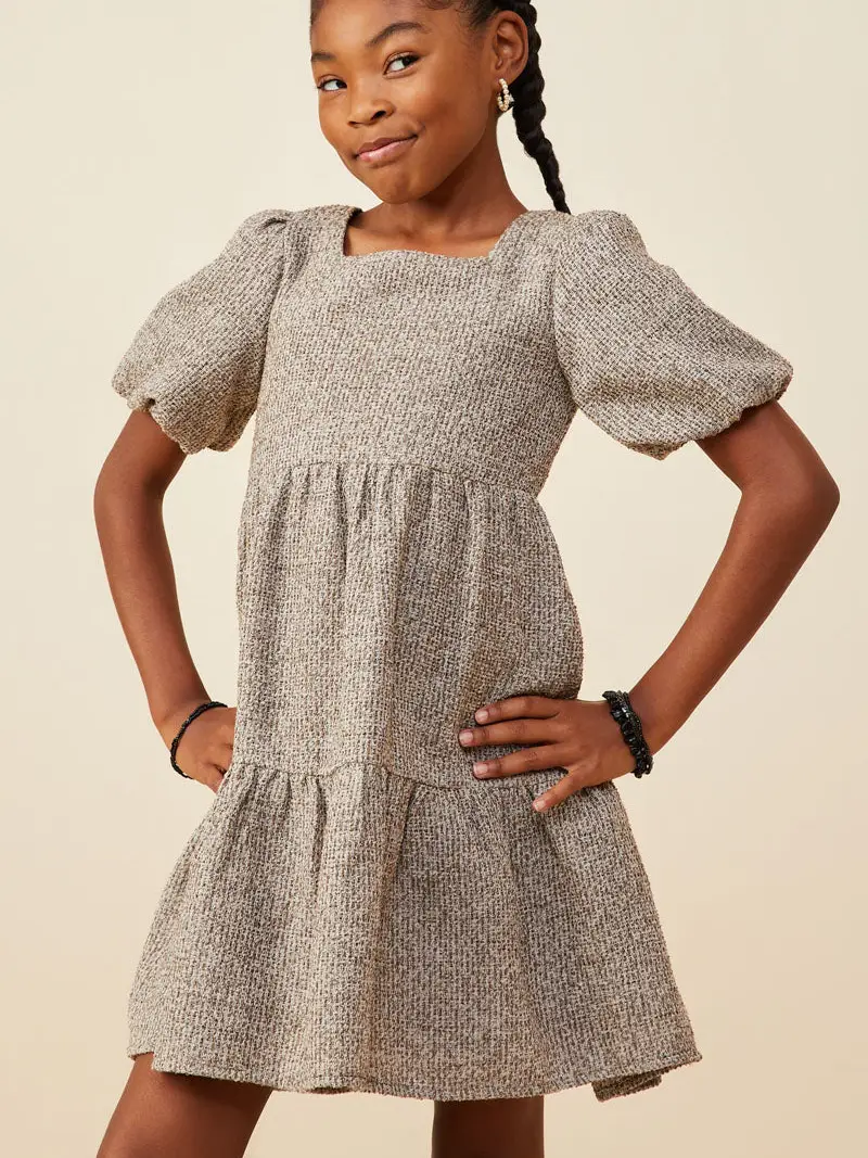 Hayden Girls - Square Neck Textured Knit Bubble Sleeve Dress - Mocha