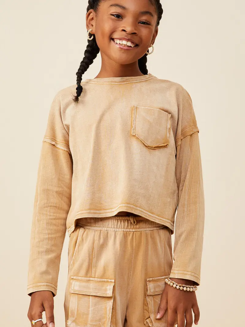 Hayden Girls - Washed Chest Pocket Long Sleeve Knit T Shirt - Taupe