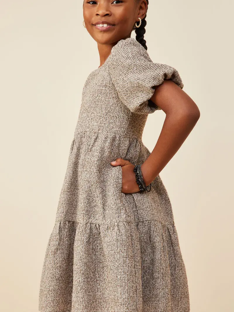 Hayden Girls - Square Neck Textured Knit Bubble Sleeve Dress - Mocha