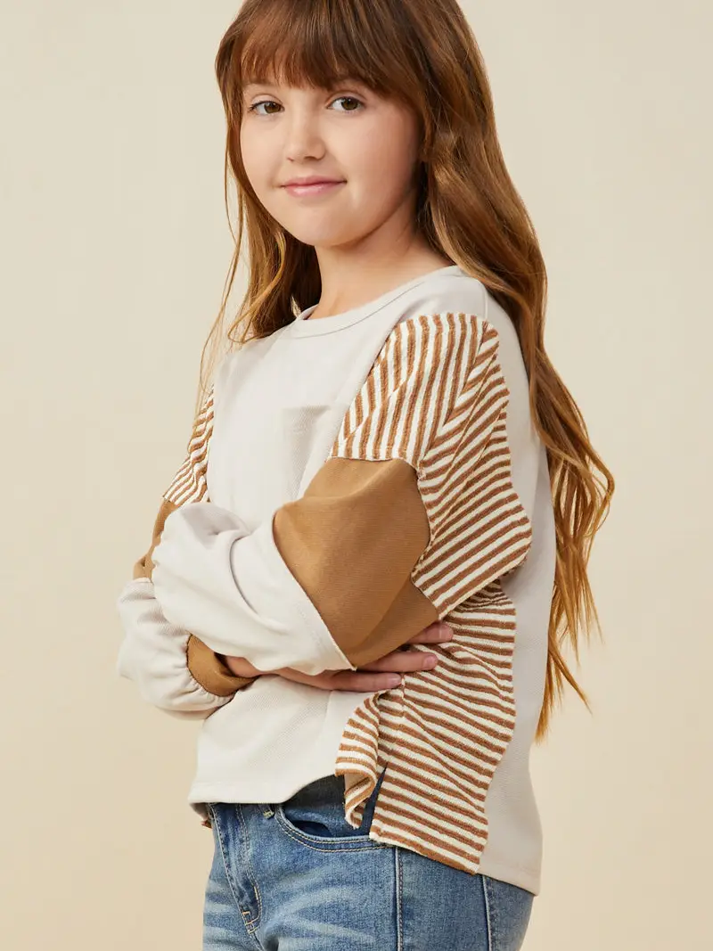 Hayden Girls - Stripe and Color Block Sleeve Detail Knit Top - Taupe