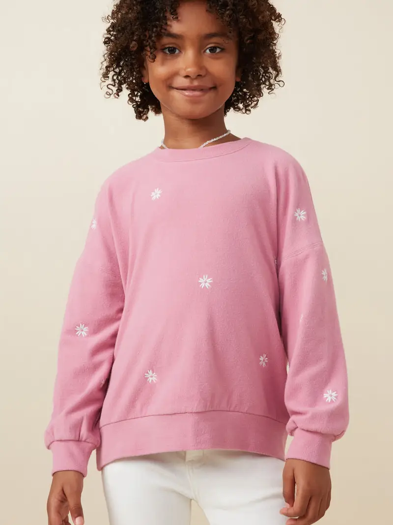 Hayden Girls - Brushed Textured Floral Embroidered Sweatshirt