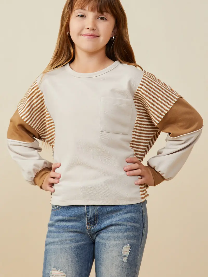 Hayden Girls - Stripe and Color Block Sleeve Detail Knit Top - Taupe