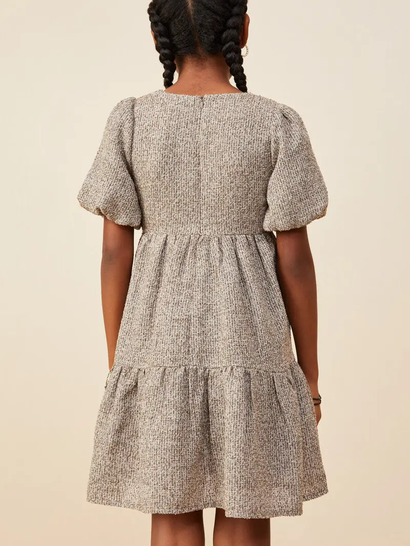 Hayden Girls - Square Neck Textured Knit Bubble Sleeve Dress - Mocha