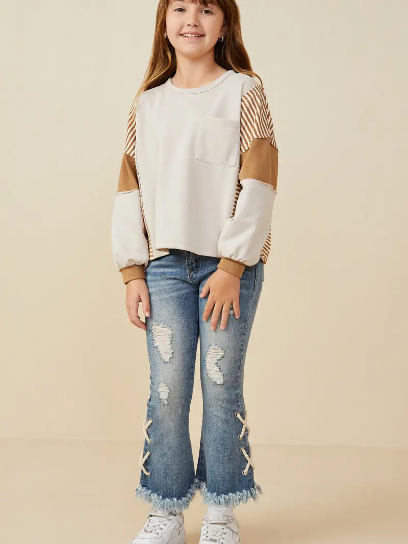 Hayden Girls - Stripe and Color Block Sleeve Detail Knit Top - Taupe