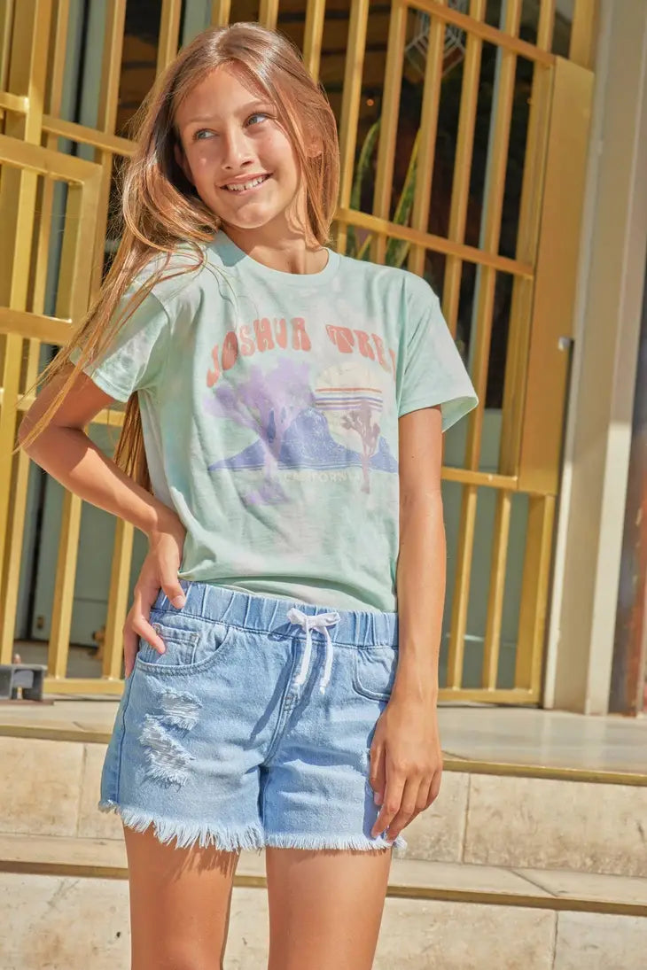 YMI - Hybrid Denim Fray Hem Jogger Shorts - Light Wash *FINAL SALE*