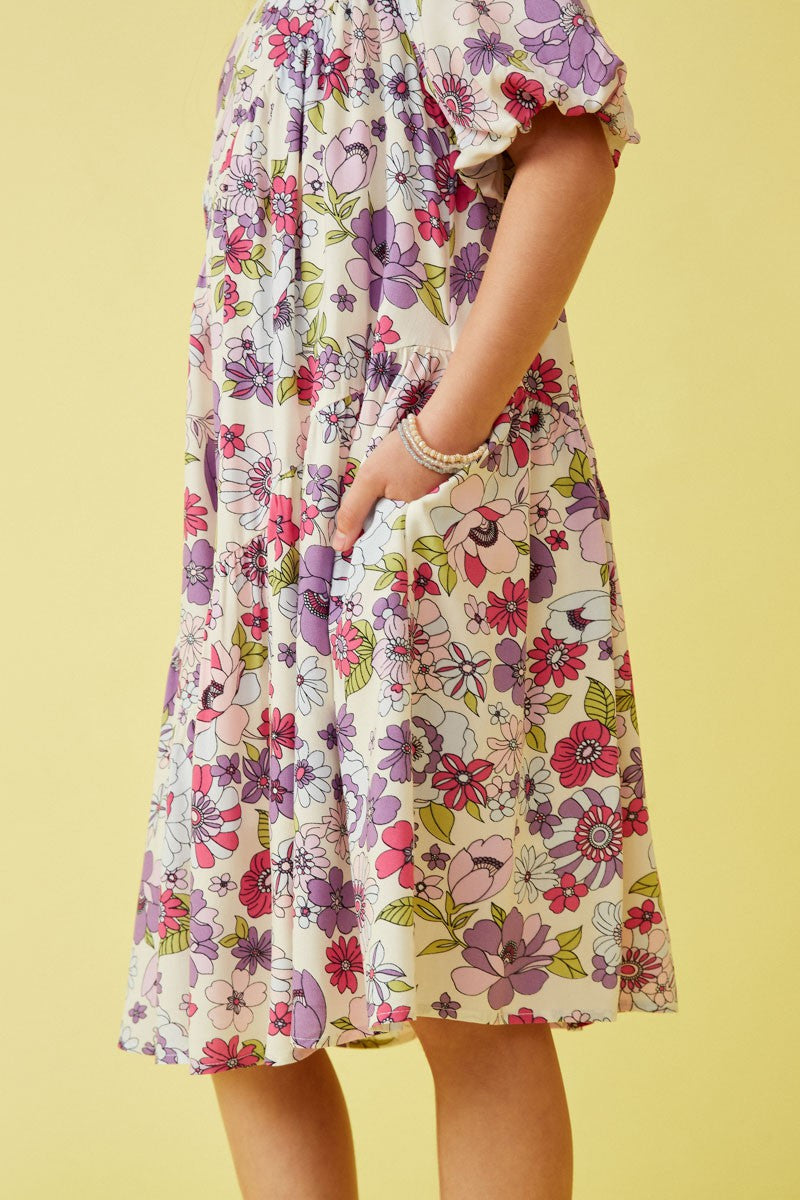Hayden Girls - Spring Floral Asymmetric Puff Sleeve Dress - Purple