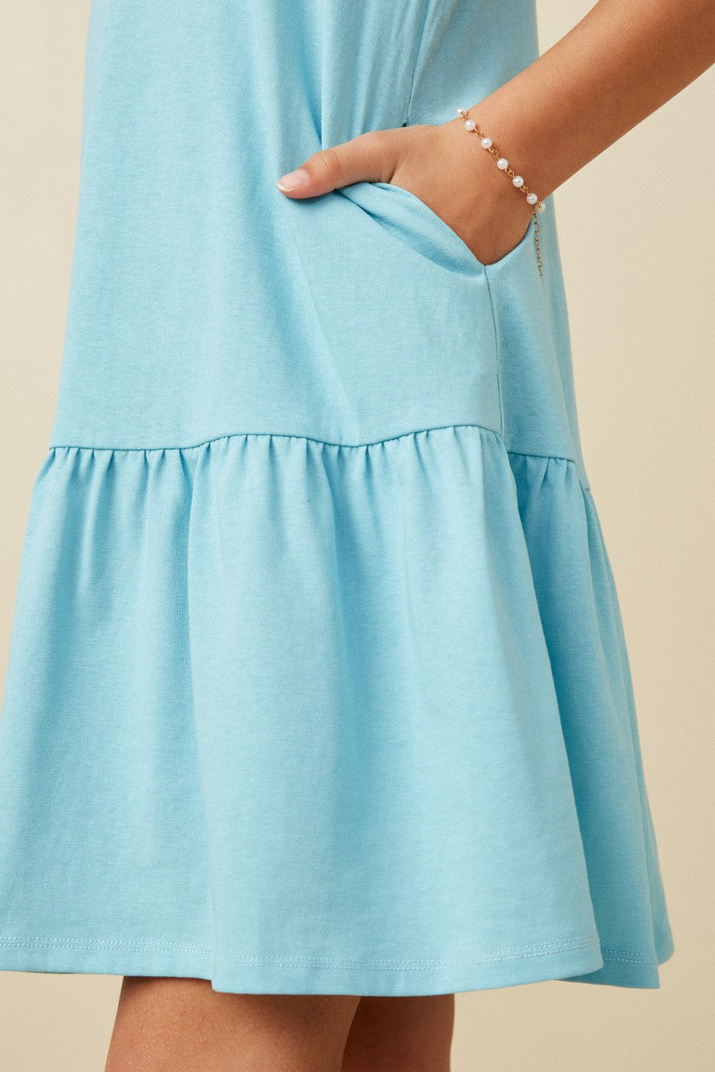 Hayden Girls - Smocked Shoulder Ruffle Detail Knit Dress - Blue