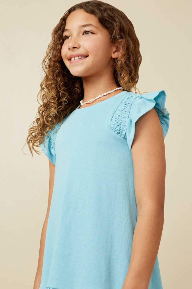 Hayden Girls - Smocked Shoulder Ruffle Detail Knit Dress - Blue