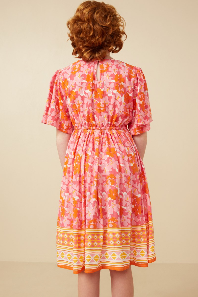 Hayden Girls - Bordered Hem Floral Print V-Neck Dress - Pink