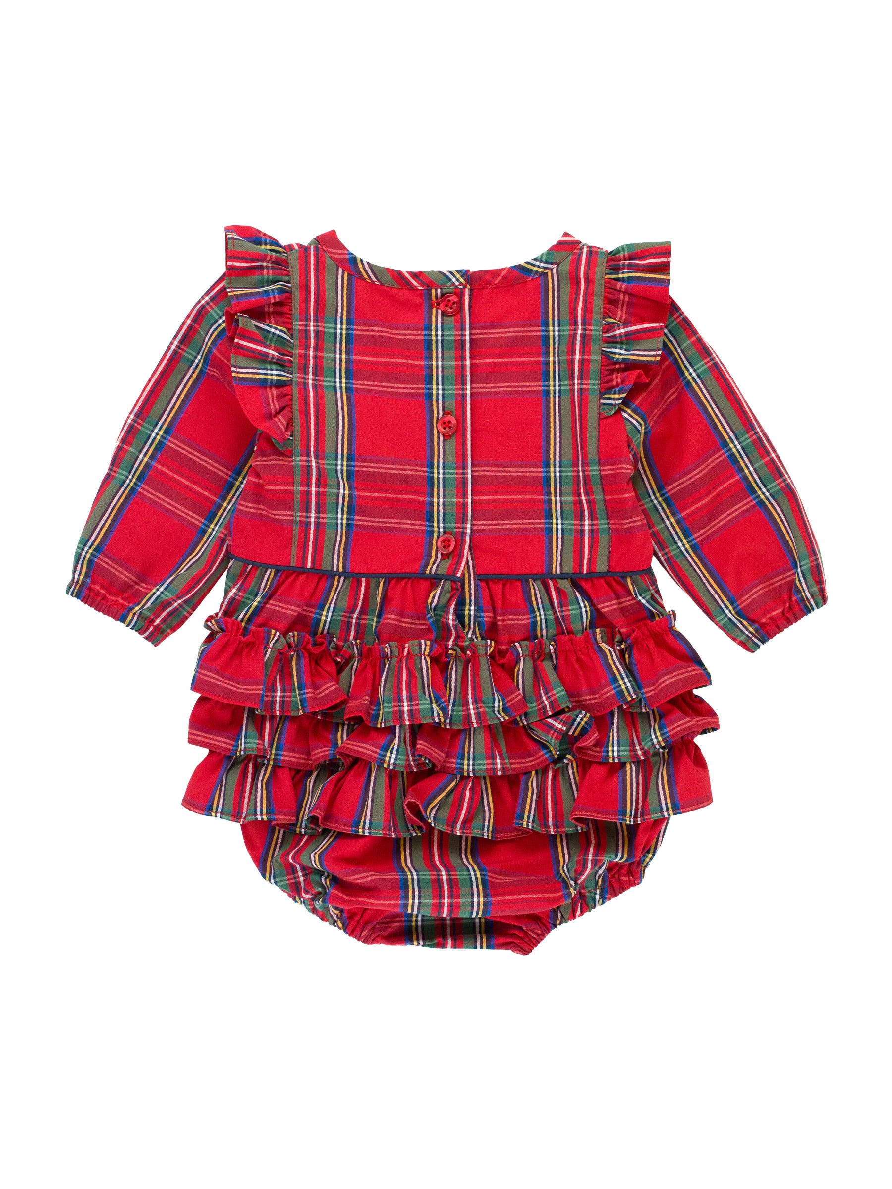 Baby Girls Tis The Season Plaid Long Sleeve Ruffle Trim Bubble Romper