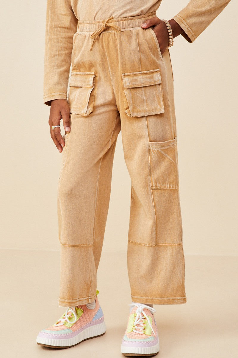 Hayden Girls - Washed Cargo Pocket Wide Leg Knit Pant - Taupe