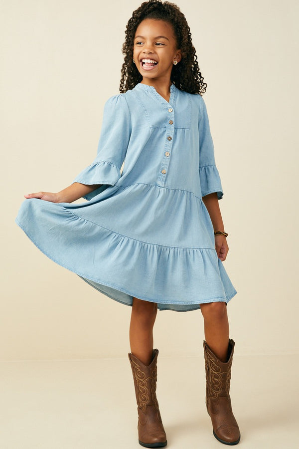 Hayden Girls - Washed Button Detail Ruffle Sleeve Dress - Light Denim *FINAL SALE*