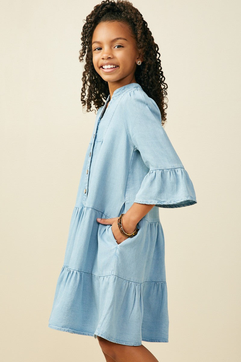 Hayden Girls - Washed Button Detail Ruffle Sleeve Dress - Light Denim