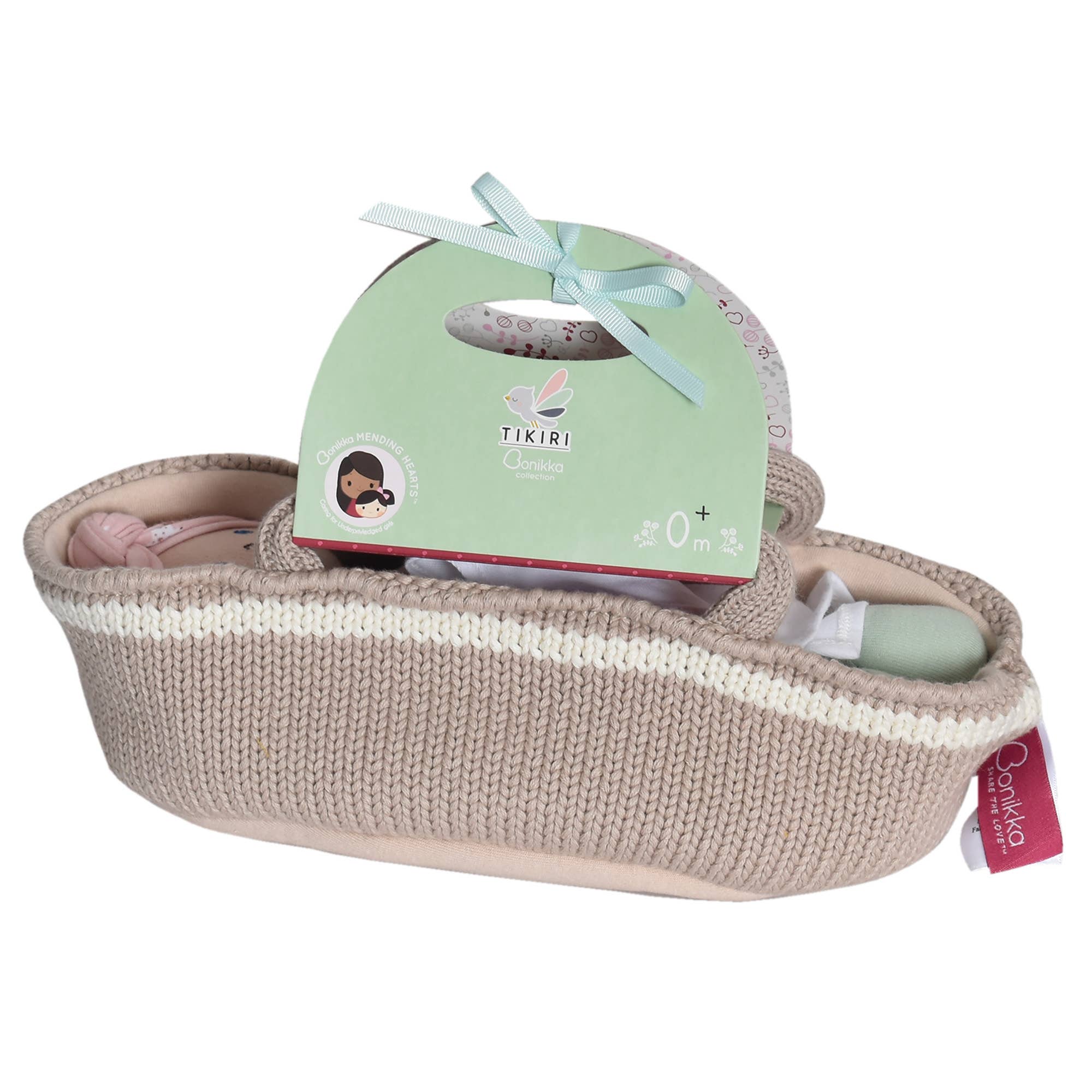 Tikiri Toys LLC - Knitted Carry Cot w/Remi Baby Light Skin, Soother & Blanket