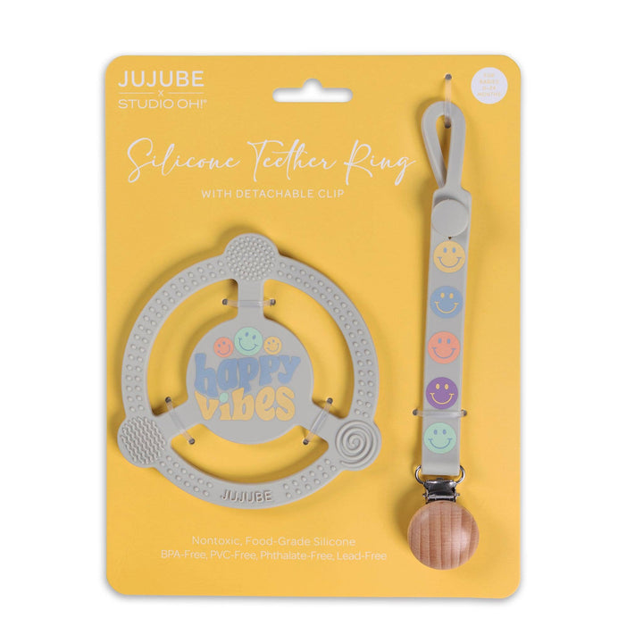 JuJuBe - Silicone Teether Ring with Detachable Clip Happy Baby Vibes *FINAL SALE*