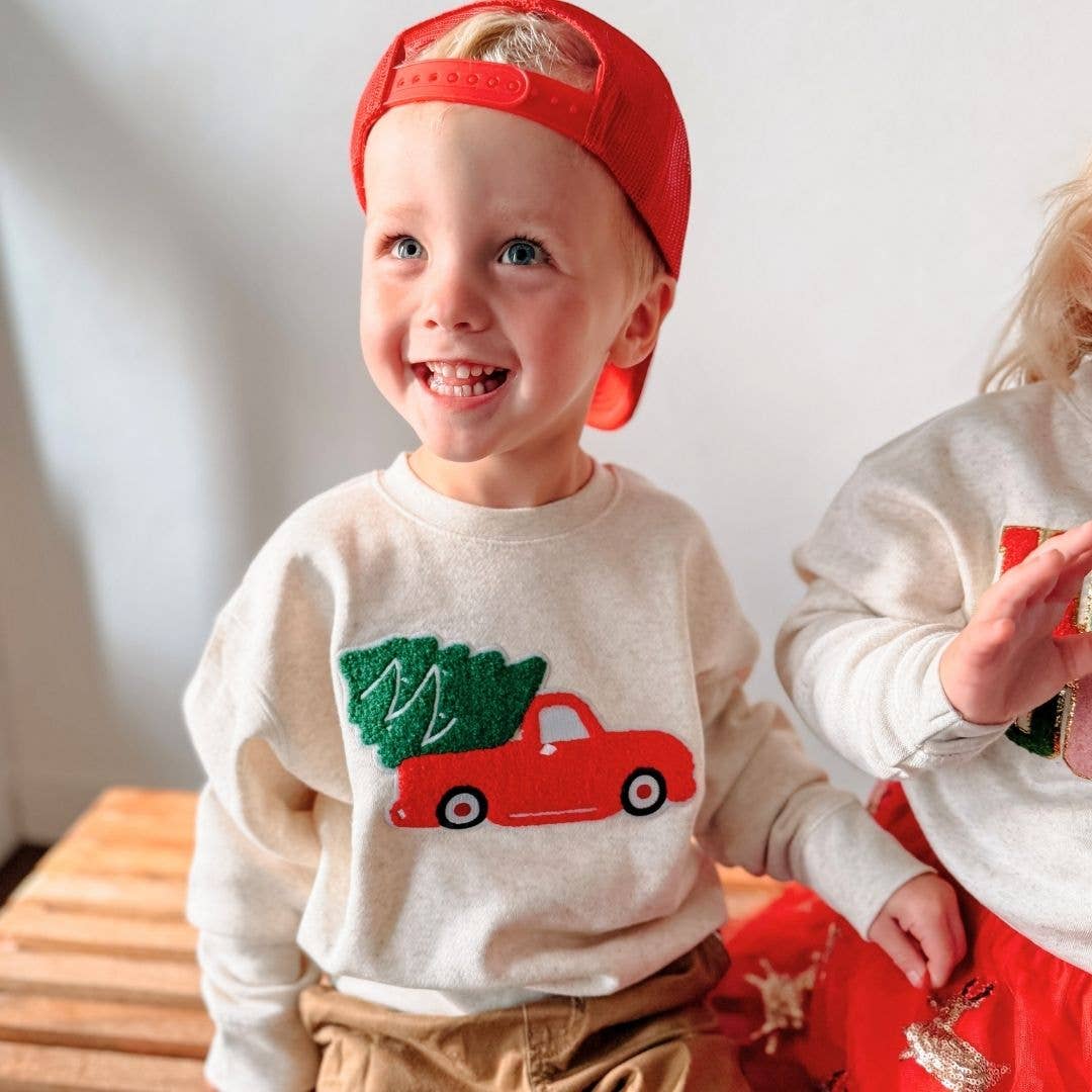 Sweet Wink - Christmas Truck Patch Sweatshirt - Kids Holiday Sweatshirt