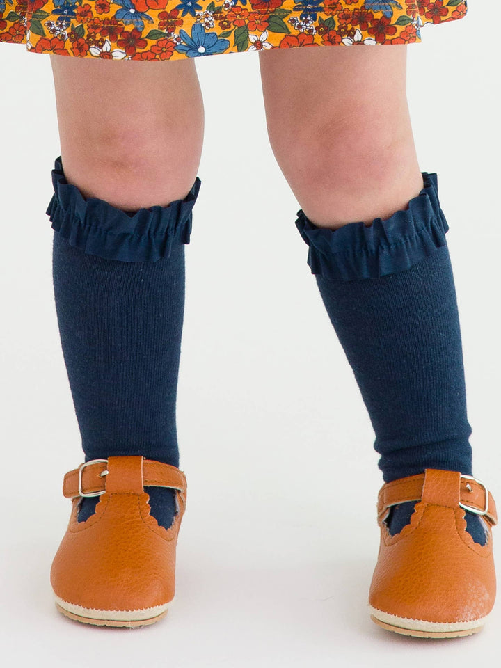 Girls 3-Pack Knee High Ruffle Socks - Black, White &amp; Dark Navy