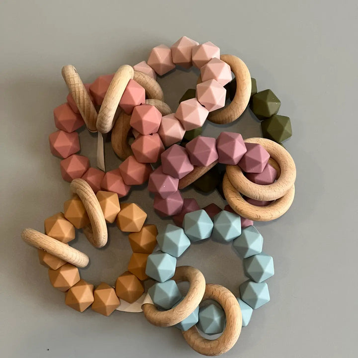 Three Hearts Modern Teething - Abby Teething Rattle - Food Grade Silicone and Beech Wood