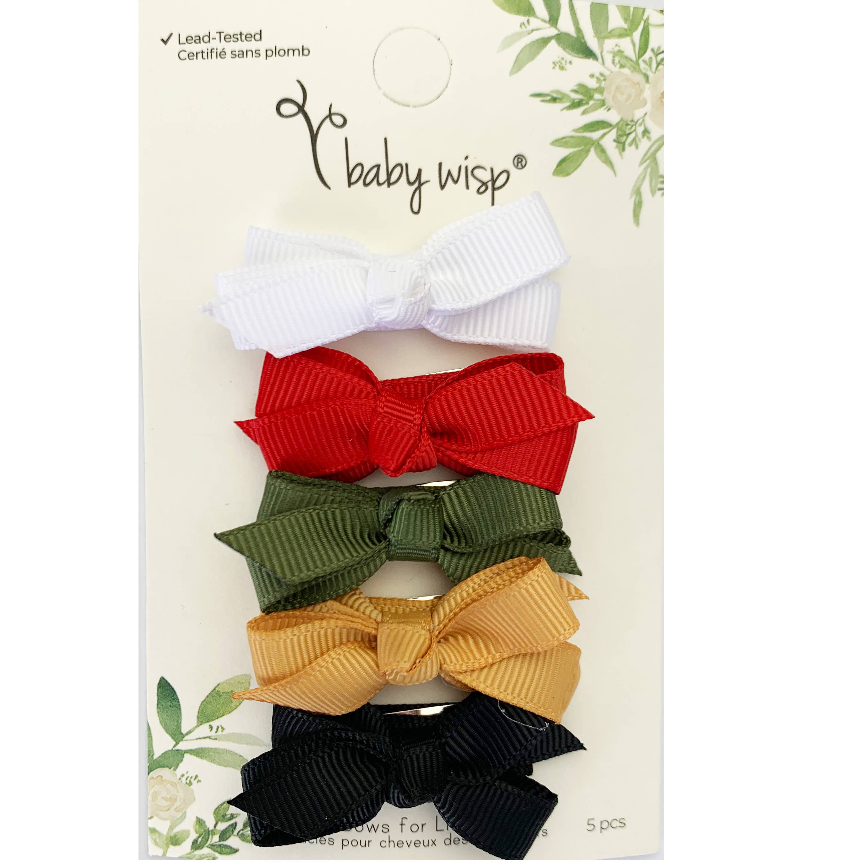 Baby Wisp - 5 Chelsea Boutique Grosgrain Bows on Snap Clips - Elf